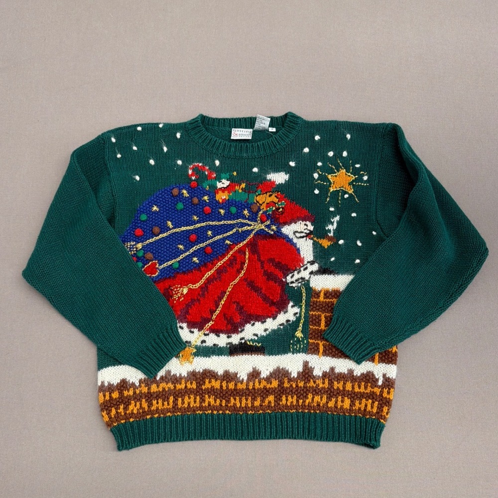 Hasting & Smith Vintage Christmas Santa Sweater Green Ramie Blend Petite Small